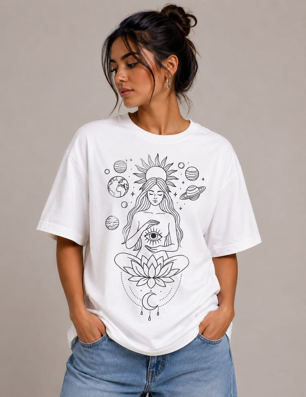 Cosmic Serenity Oversized White T-Shirt – Spiritual Line Art Graphic Tee for Women