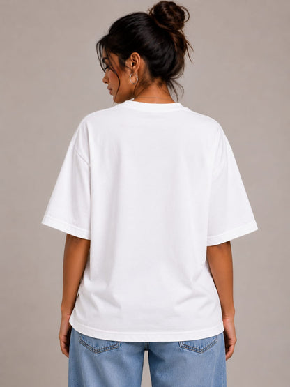 Cosmic Serenity Oversized White T-Shirt – Spiritual Line Art Graphic Tee for Women