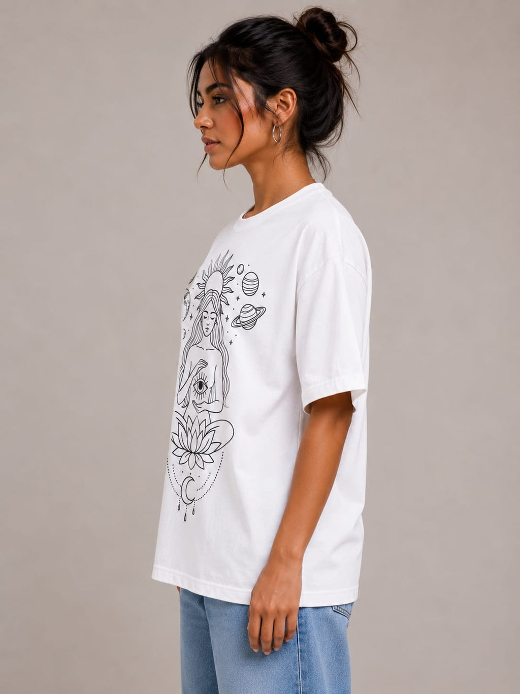 Cosmic Serenity Oversized White T-Shirt – Spiritual Line Art Graphic Tee for Women