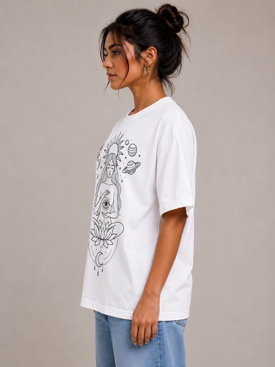 Cosmic Serenity Oversized White T-Shirt – Spiritual Line Art Graphic Tee for Women