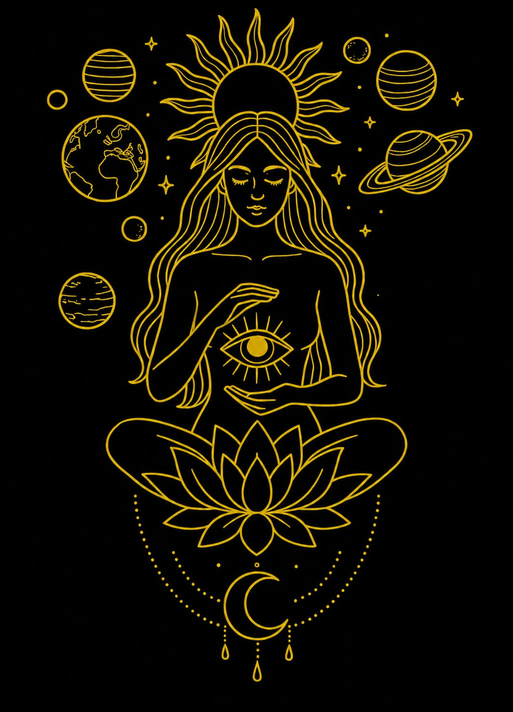 Cosmic Serenity Oversized White T-Shirt – Spiritual Line Art Graphic Tee for Women