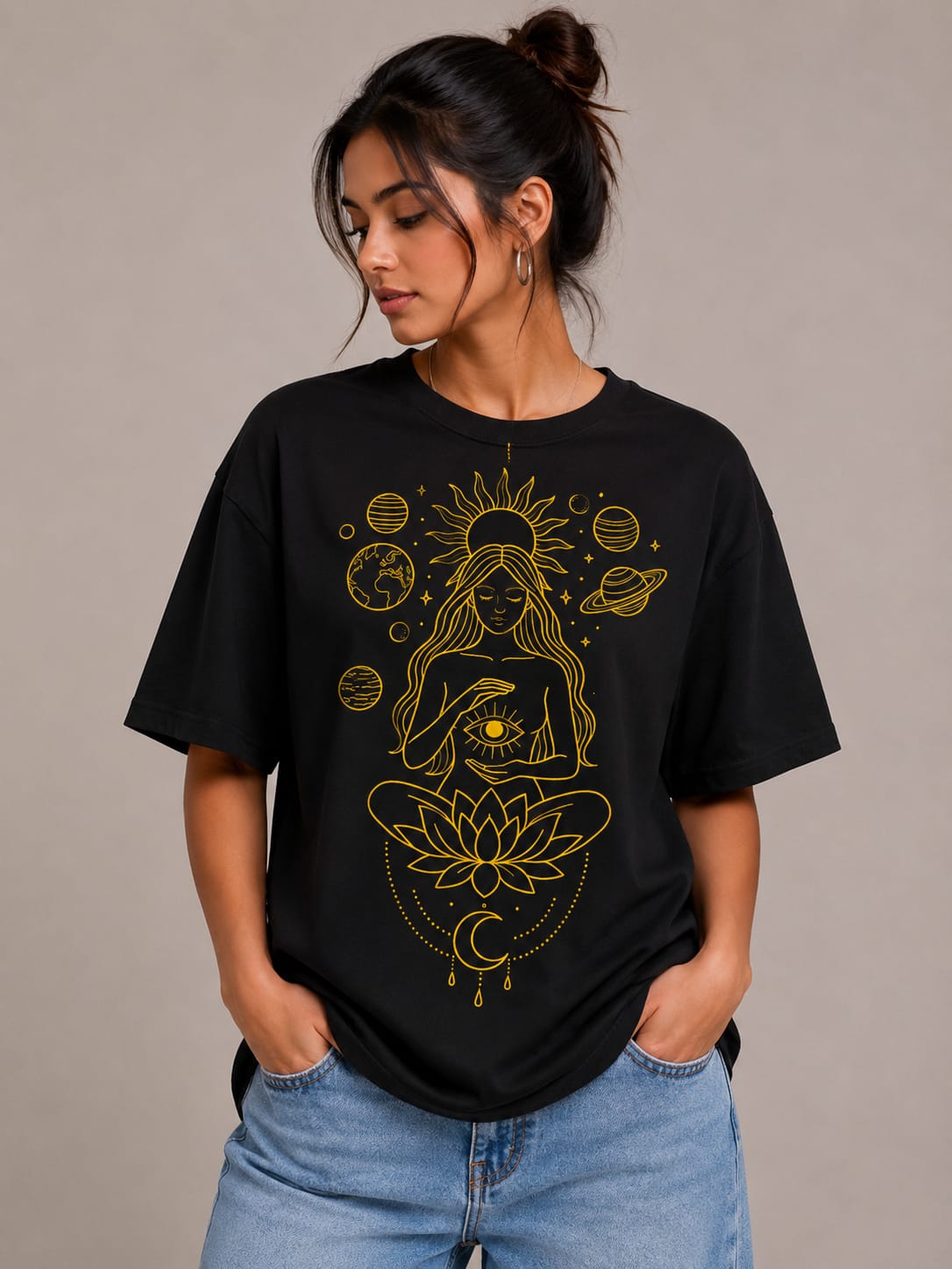 Cosmic Serenity Oversized White T-Shirt – Spiritual Line Art Graphic Tee for Women