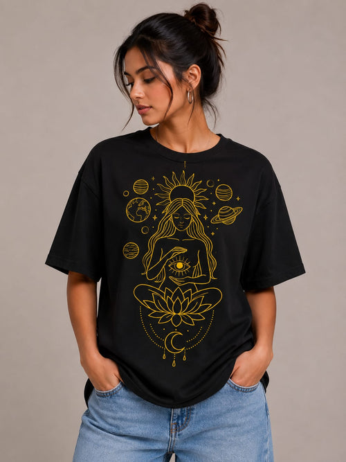 Cosmic Serenity Oversized White T-Shirt – Spiritual Line Art Graphic Tee for Women