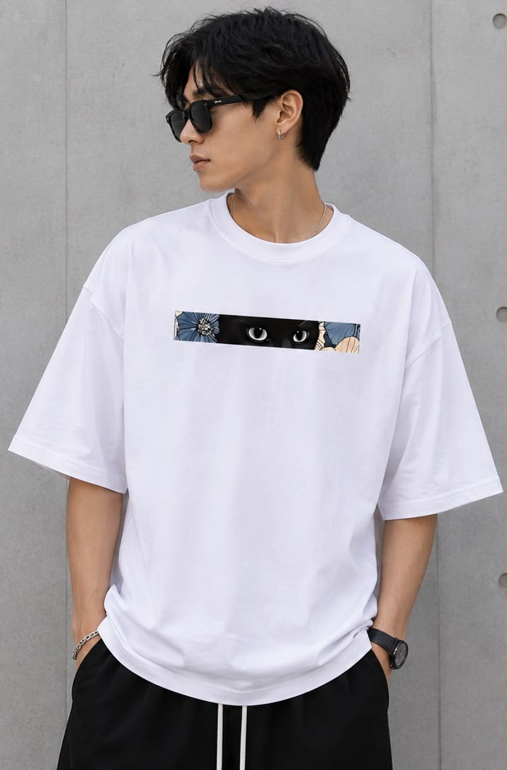 Midnight Bloom Cat Oversized T-Shirt for Men | Minimal Artistic Streetwear