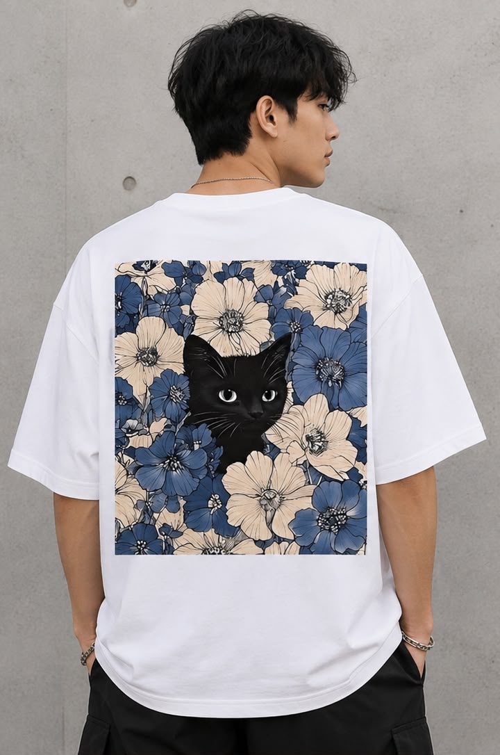 Midnight Bloom Cat Oversized T-Shirt for Men | Minimal Artistic Streetwear