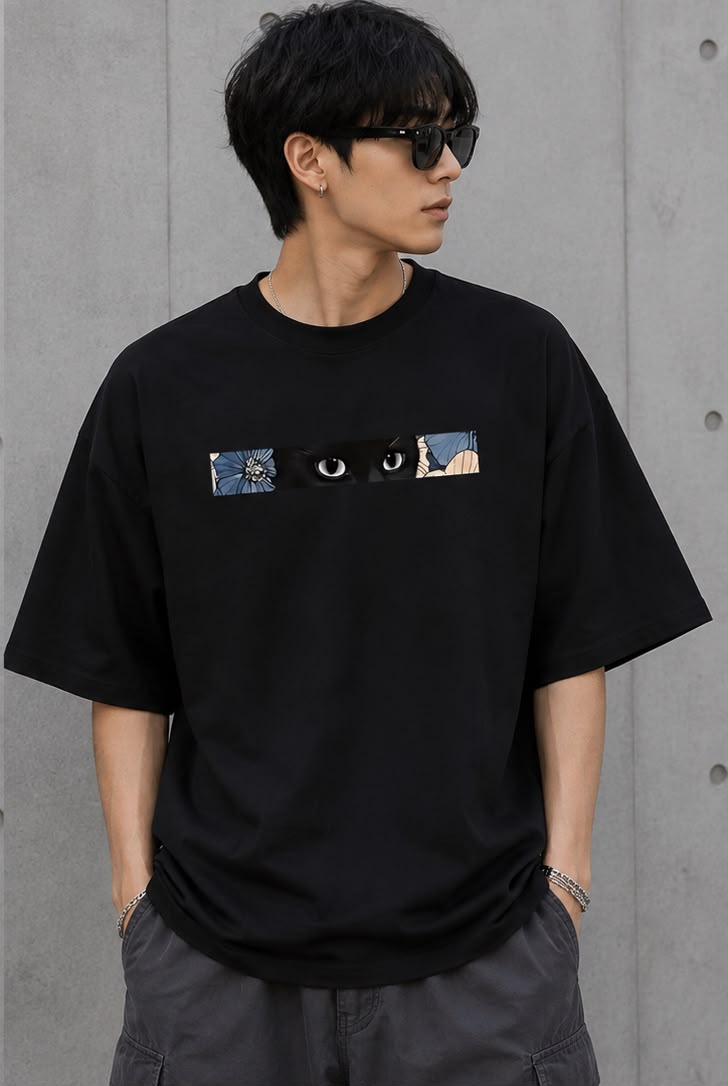 Midnight Bloom Cat Oversized T-Shirt for Men | Minimal Artistic Streetwear