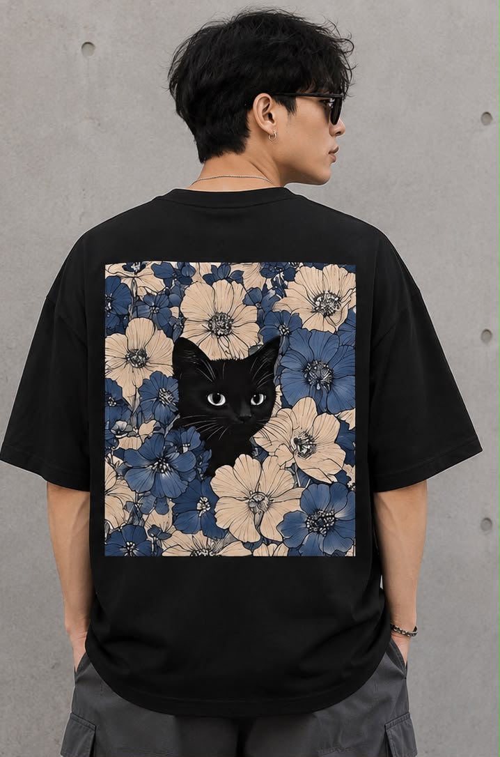 Midnight Bloom Cat Oversized T-Shirt for Men | Minimal Artistic Streetwear