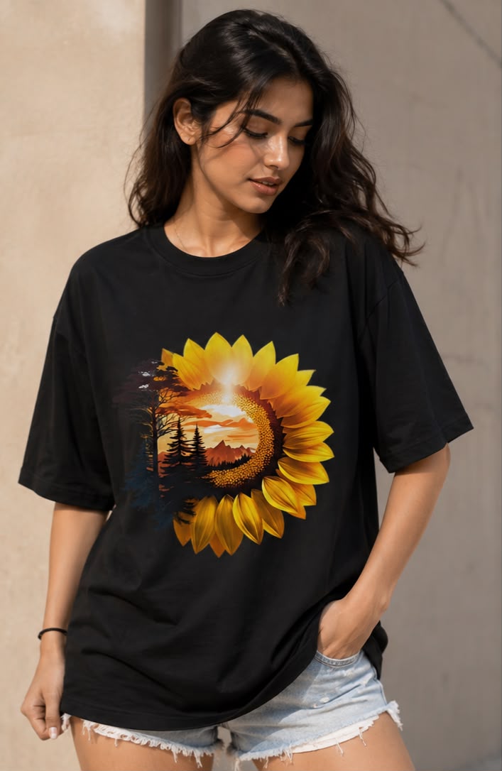 Golden Horizon Oversized T-Shirt for Women | Nature-Inspired Artistic Streetwear