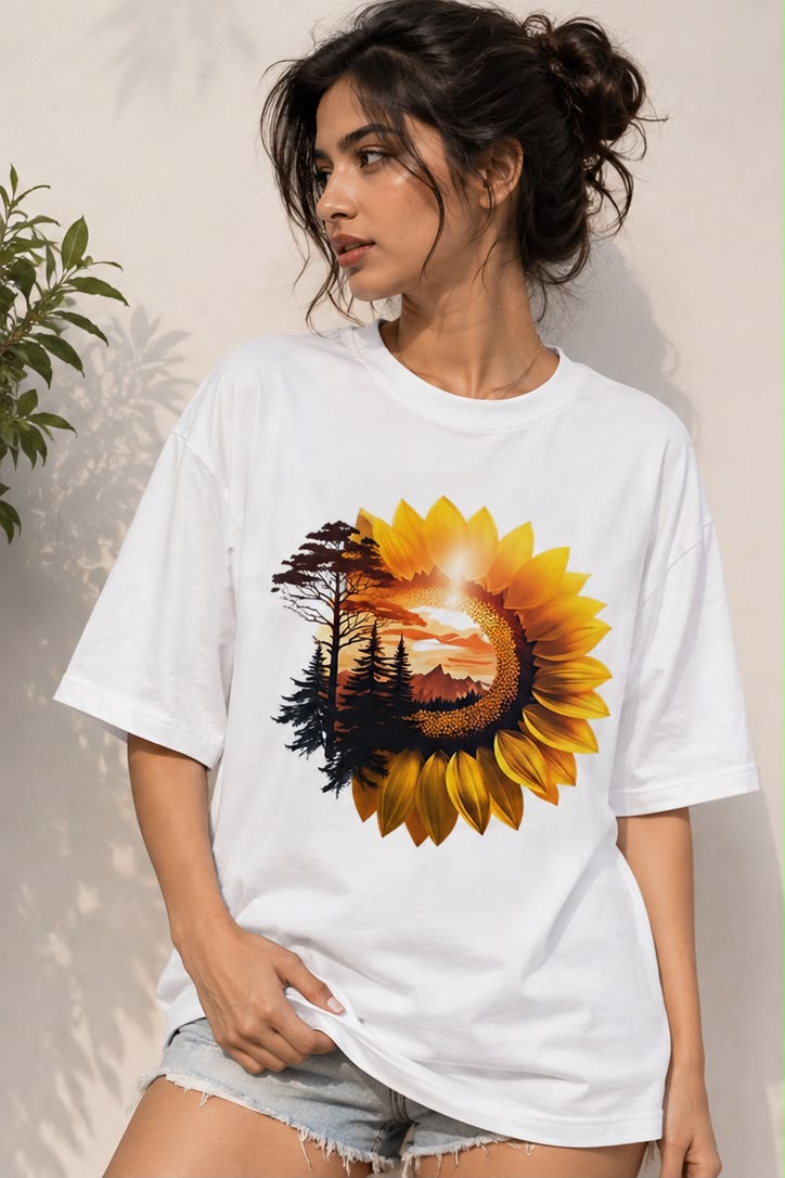 Golden Horizon Oversized T-Shirt for Women | Nature-Inspired Artistic Streetwear
