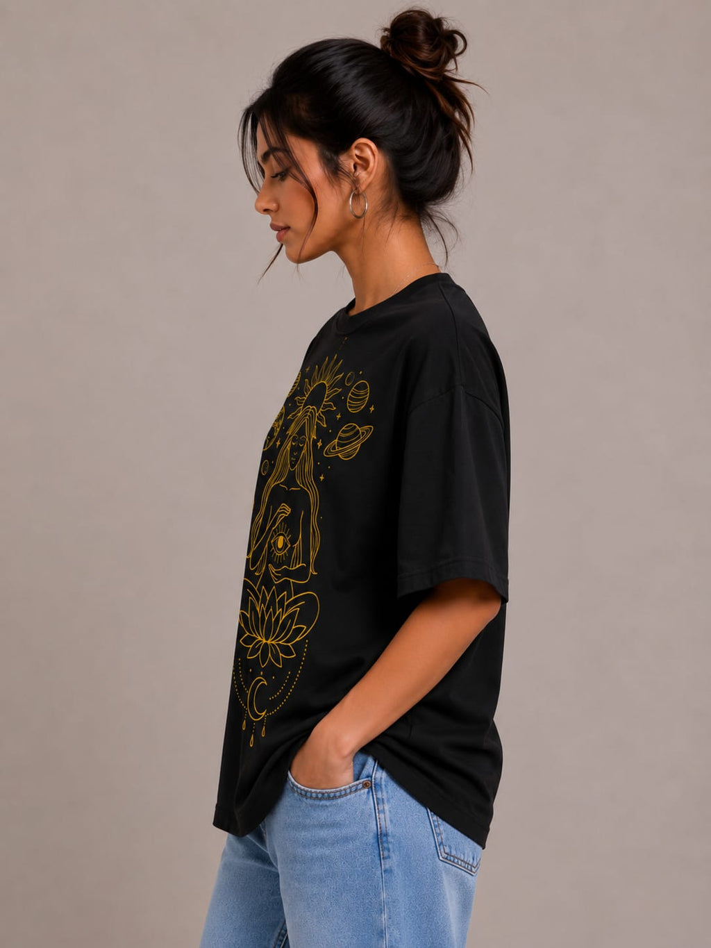 Cosmic Serenity Oversized White T-Shirt – Spiritual Line Art Graphic Tee for Women