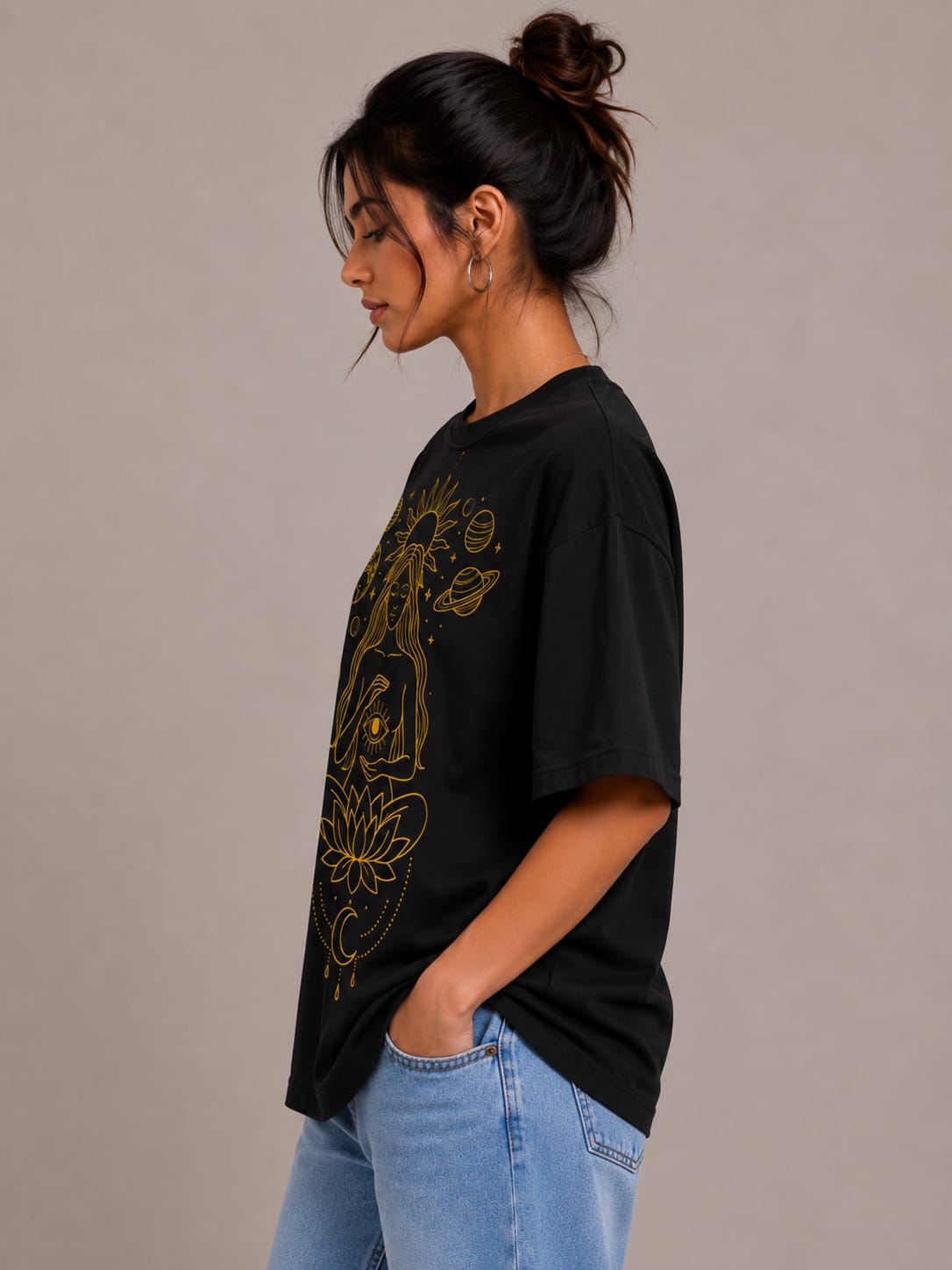 Cosmic Serenity Oversized White T-Shirt – Spiritual Line Art Graphic Tee for Women