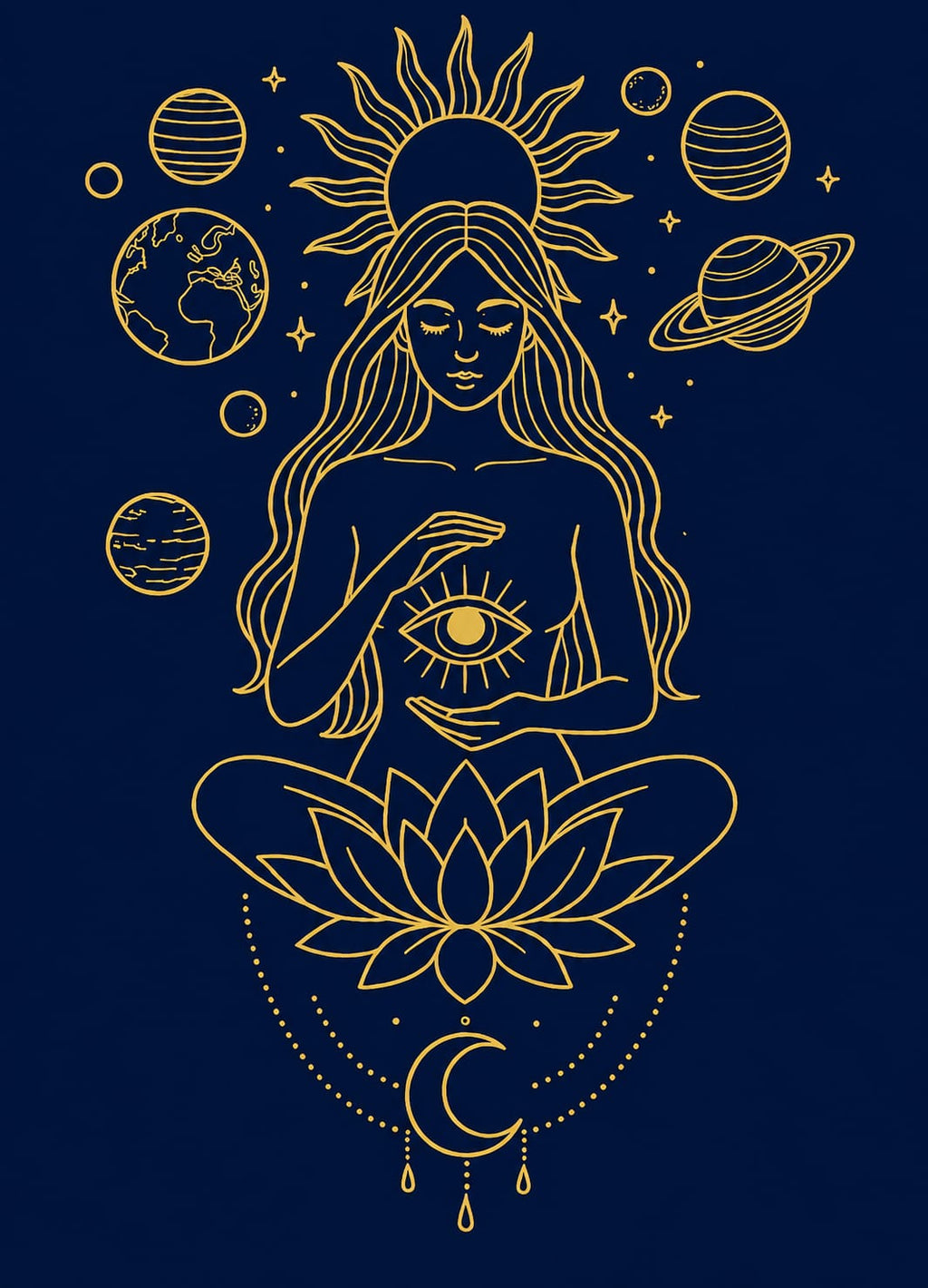 Cosmic Serenity Oversized White T-Shirt – Spiritual Line Art Graphic Tee for Women