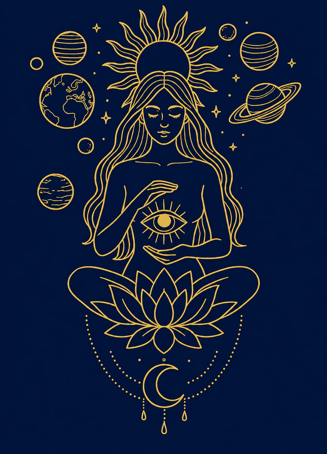 Cosmic Serenity Oversized White T-Shirt – Spiritual Line Art Graphic Tee for Women