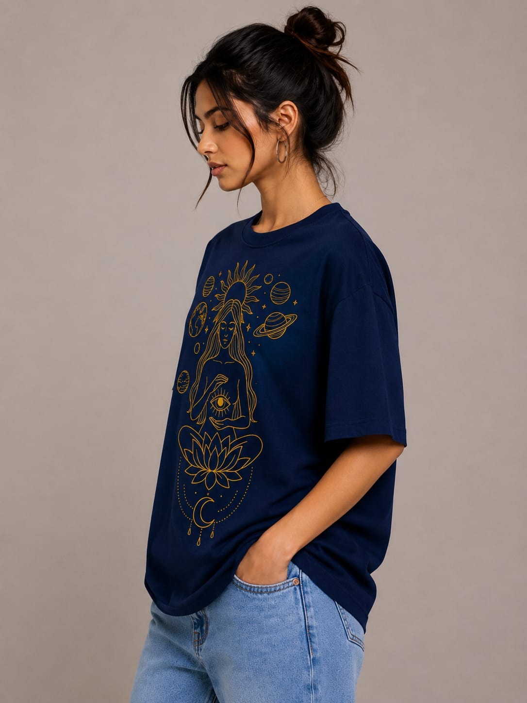 Cosmic Serenity Oversized White T-Shirt – Spiritual Line Art Graphic Tee for Women