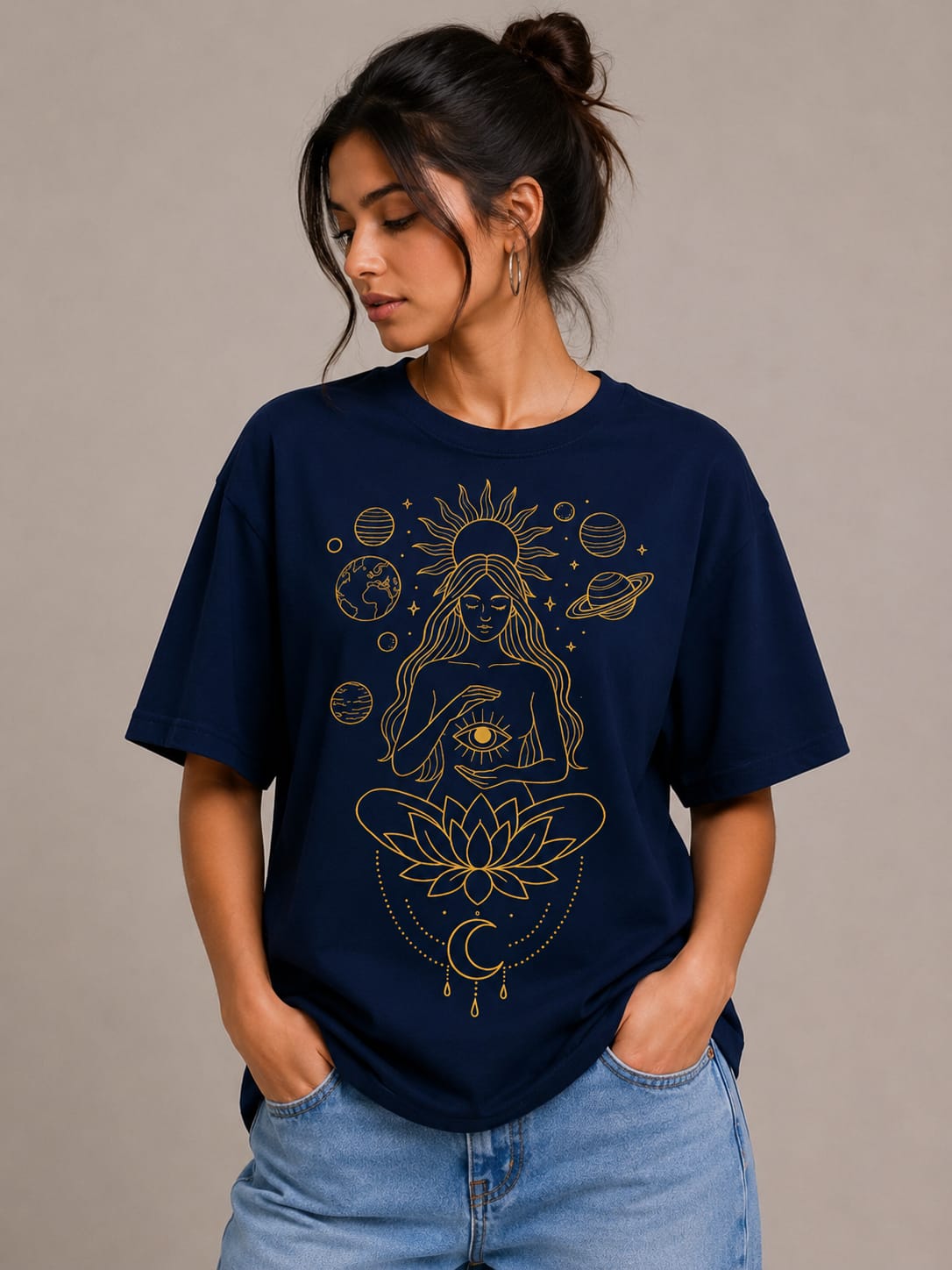 Cosmic Serenity Oversized White T-Shirt – Spiritual Line Art Graphic Tee for Women