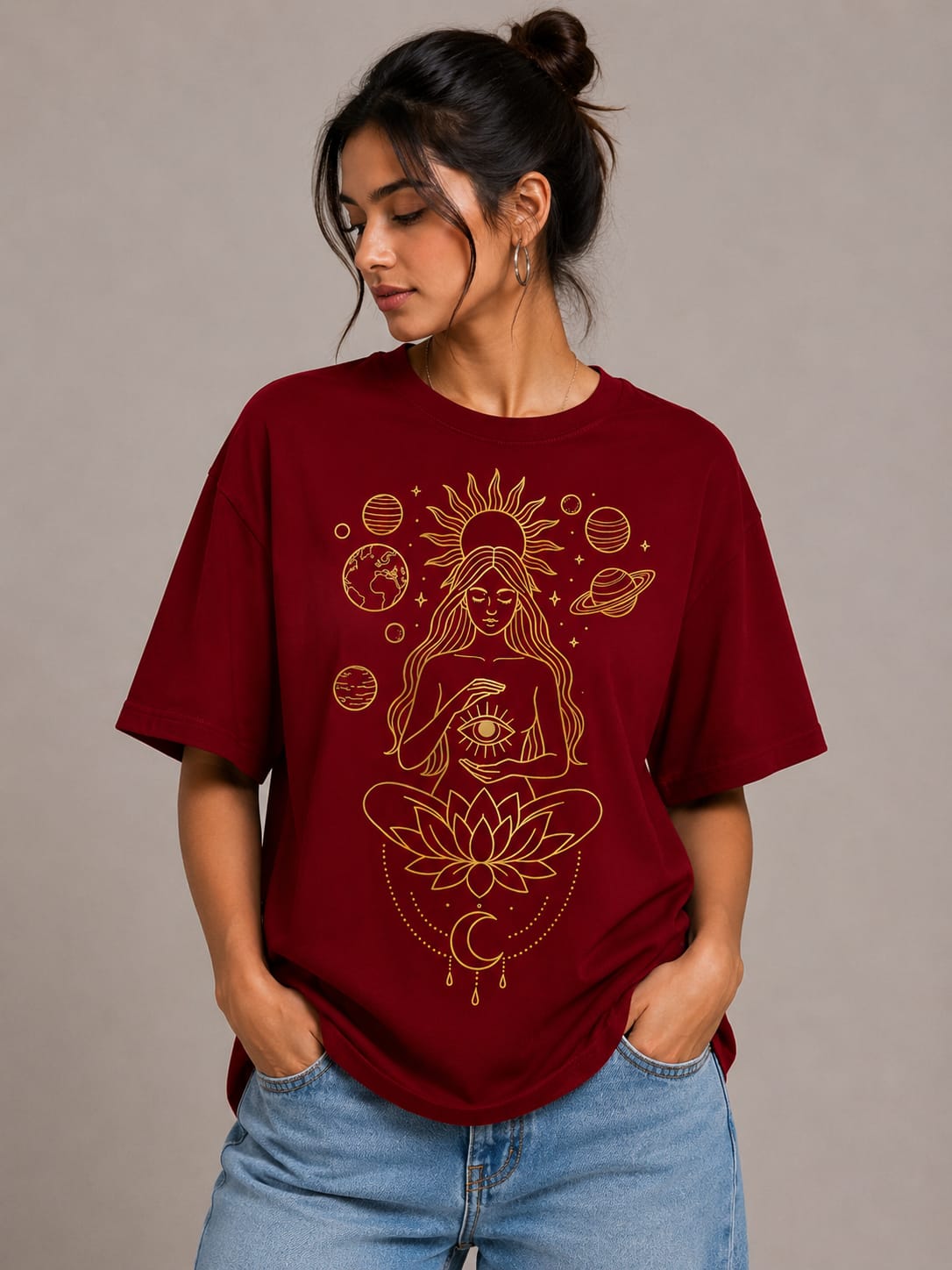 Cosmic Serenity Oversized White T-Shirt – Spiritual Line Art Graphic Tee for Women