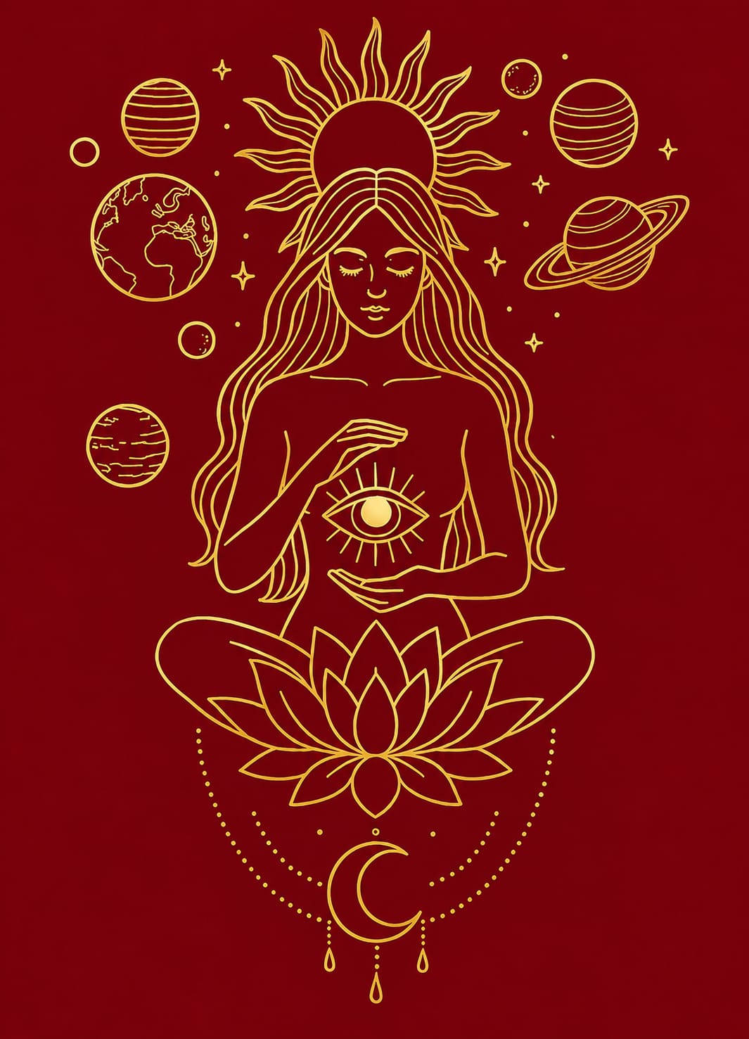 Cosmic Serenity Oversized White T-Shirt – Spiritual Line Art Graphic Tee for Women