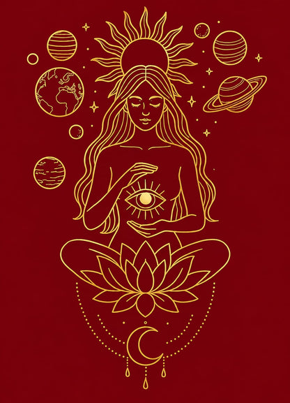 Cosmic Serenity Oversized White T-Shirt – Spiritual Line Art Graphic Tee for Women