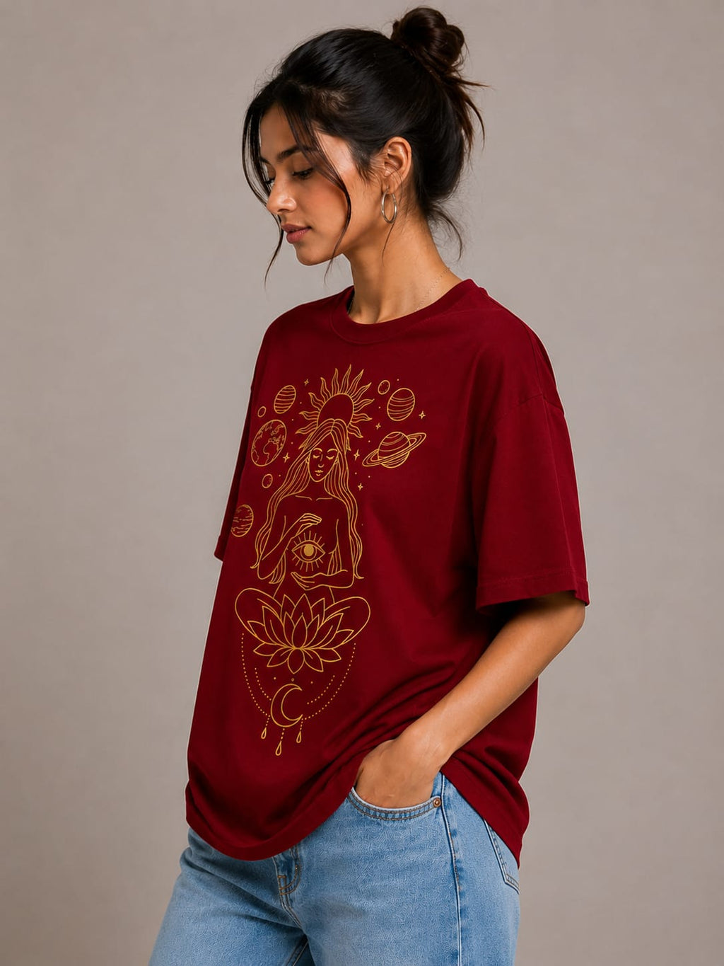 Cosmic Serenity Oversized White T-Shirt – Spiritual Line Art Graphic Tee for Women